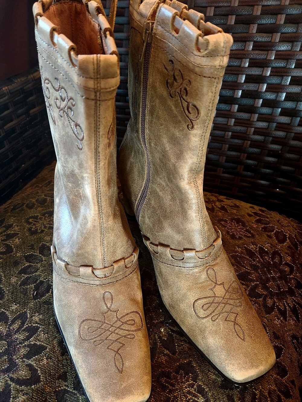 ROPER Leather Lt Brown Tan  Mid Calf ZIP UP Western Rustiç Embroidery Boots 8.5